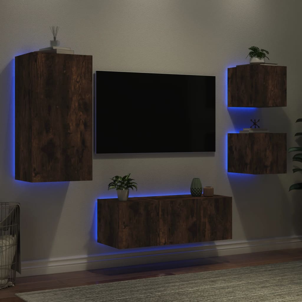 vidaXL 5-dielne TV nástenné skrinky s LED dymový dub kompozitné drevo