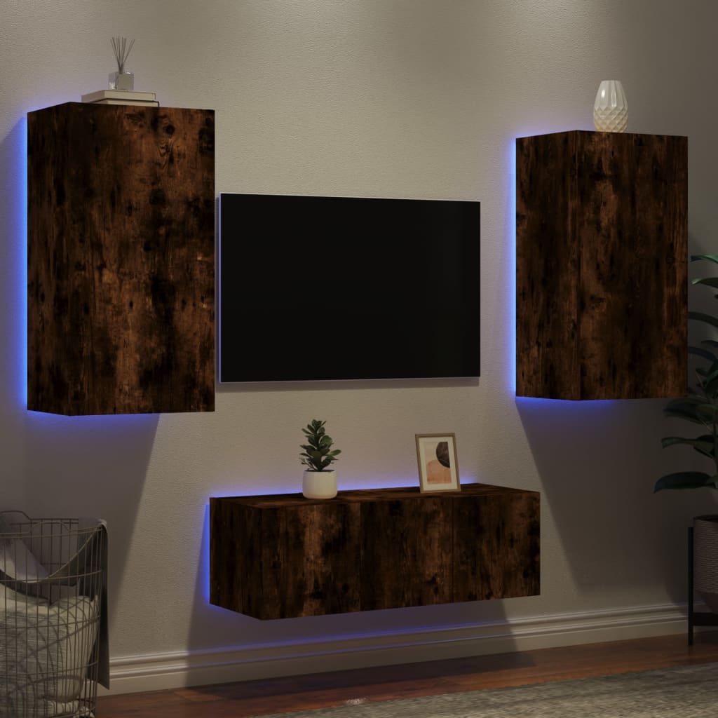vidaXL 4-dielne TV nástenné skrinky s LED dymový dub kompozitné drevo