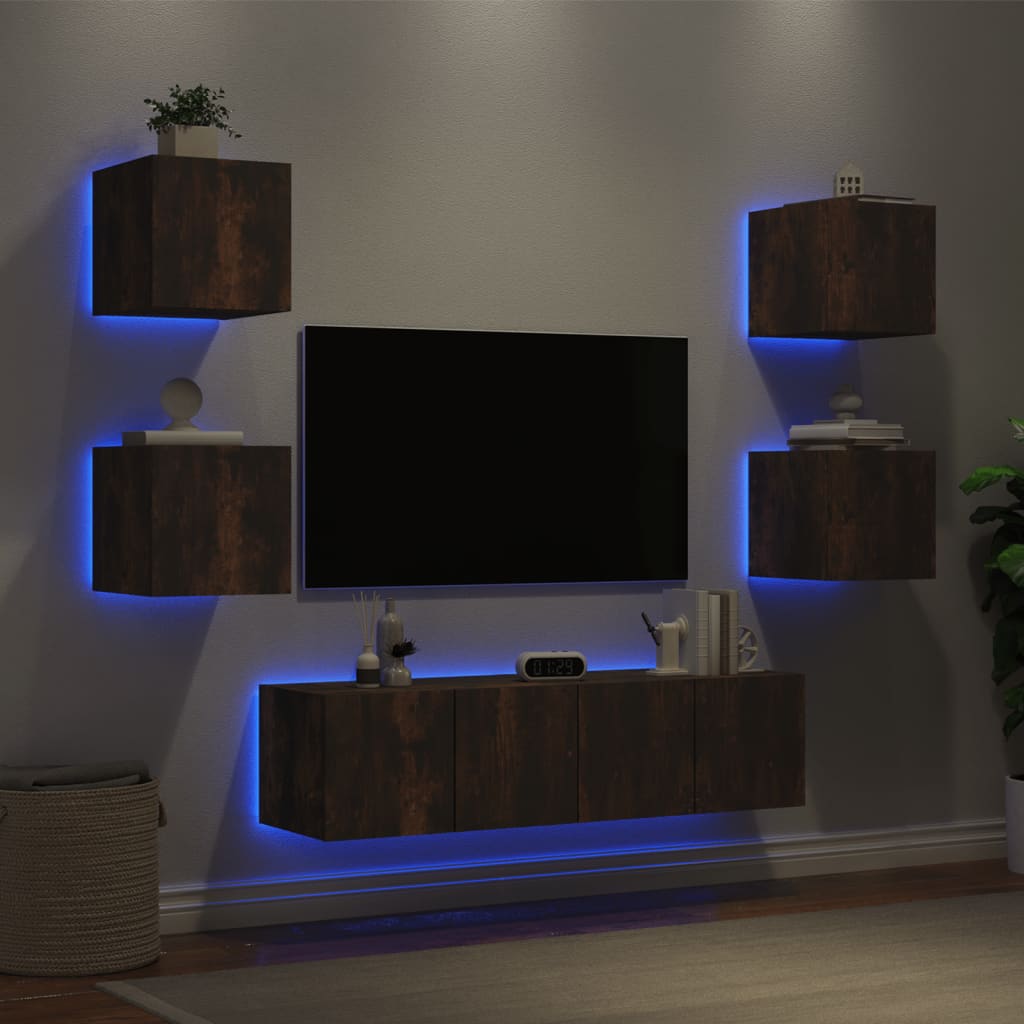 vidaXL 6-dielne TV nástenné skrinky s LED dymový dub kompozitné drevo