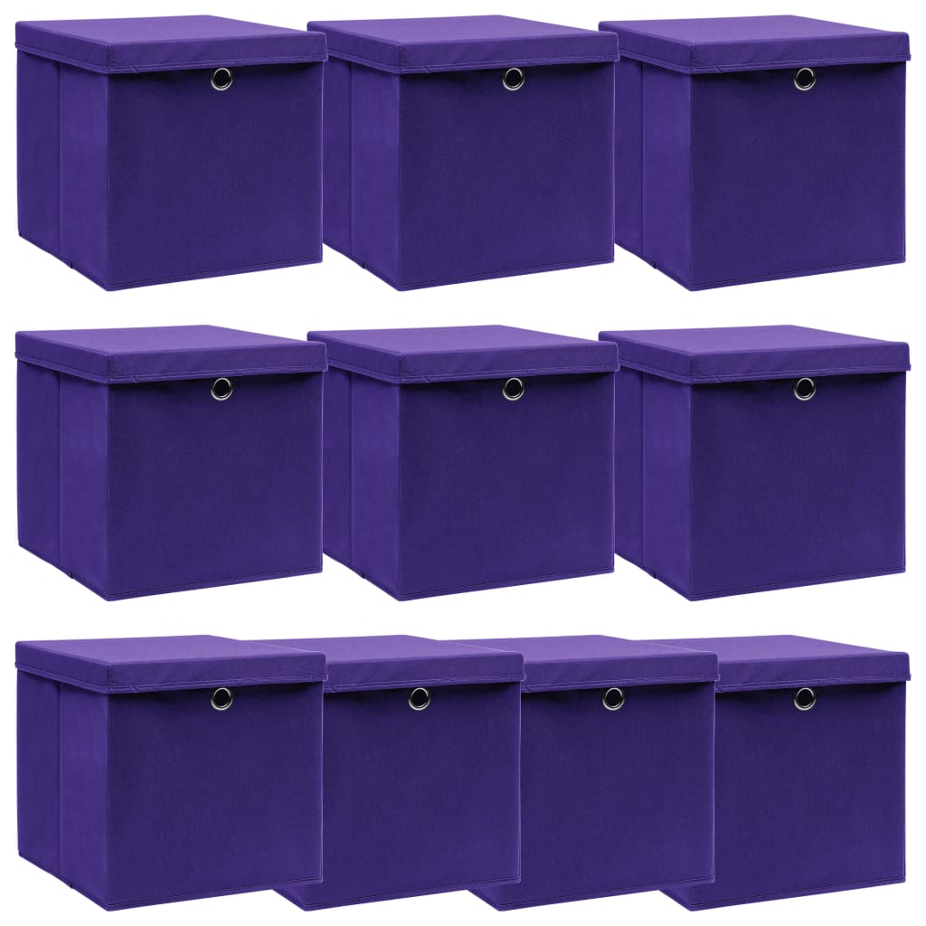 vidaXL Úložné boxy s vekom 10 ks, fialové 32x32x32 cm, látka