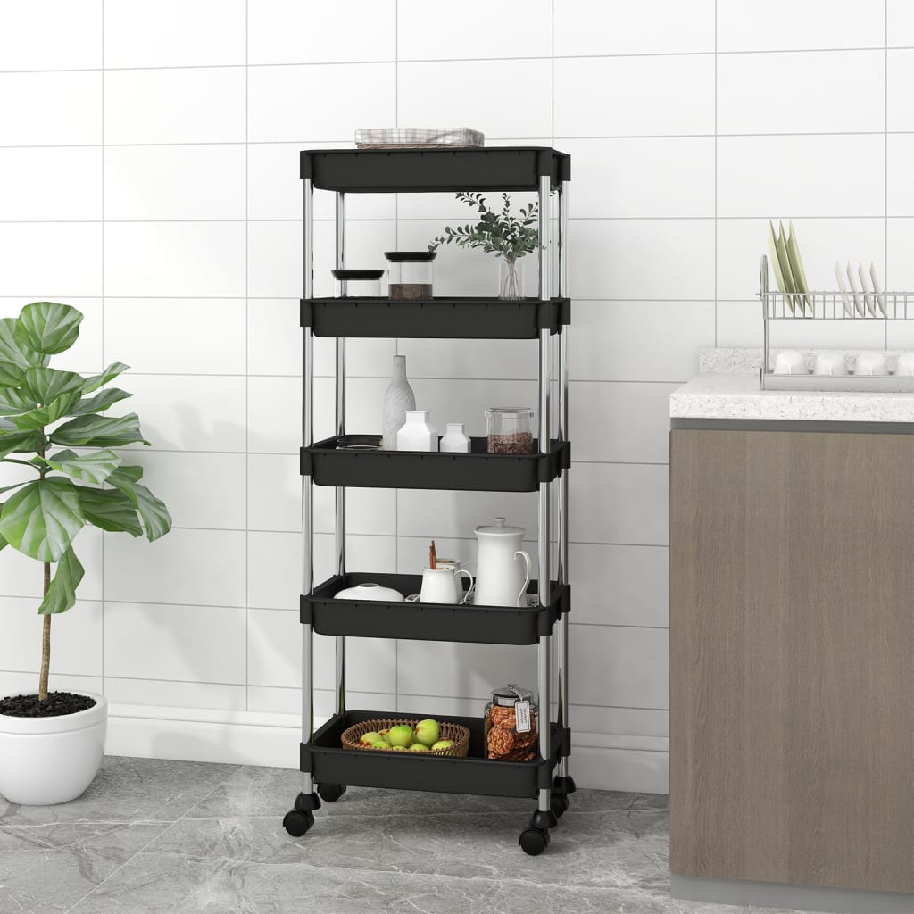 vidaXL 5-poschodový kuchynský vozík čierny 42x29x128 cm železo a ABS