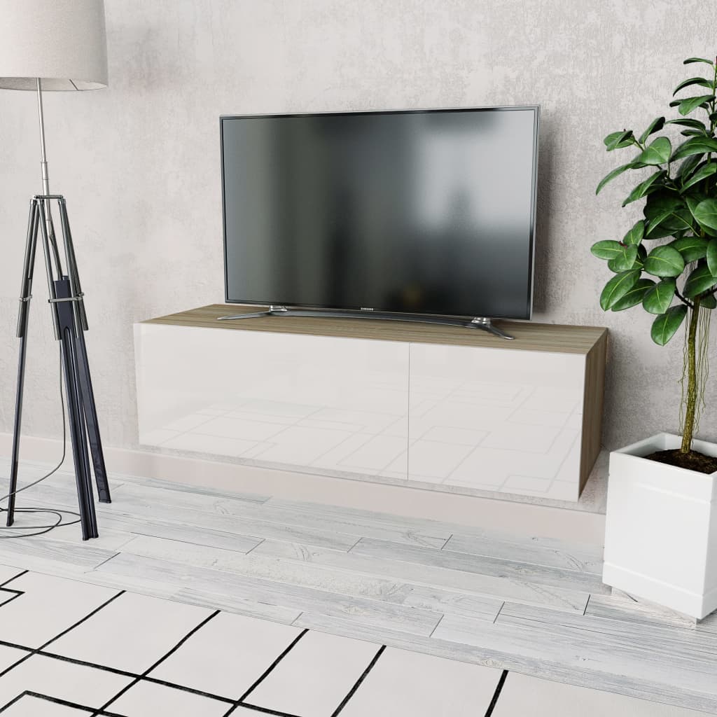 vidaXL TV skrinka, kompozitné drevo 120x40x34cm, lesklá biela a dubová