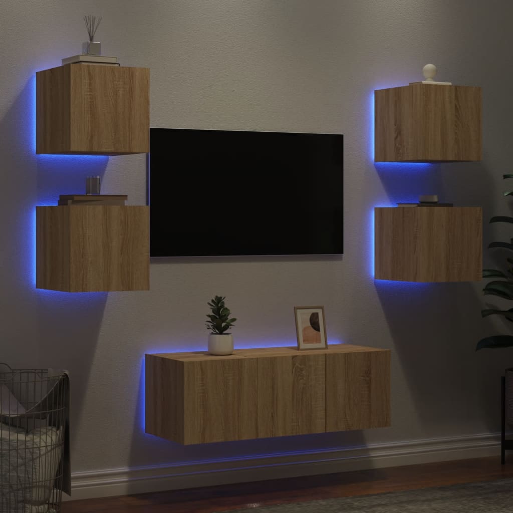 vidaXL 6-dielne TV nástenné skrinky s LED dub sonoma kompozitné drevo