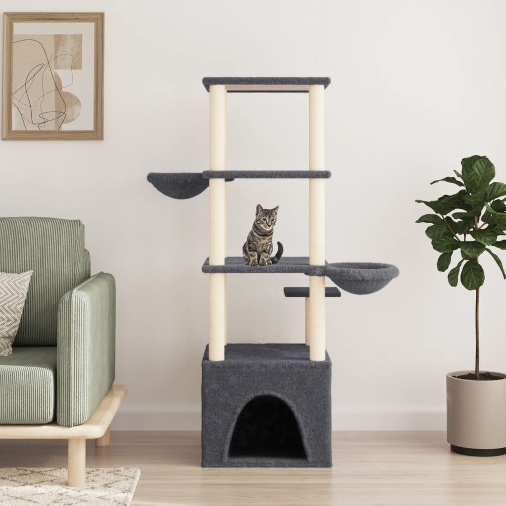 vidaXL Škrabadlo pre mačky so sisalovými stĺpikmi tmavosivé 147 cm