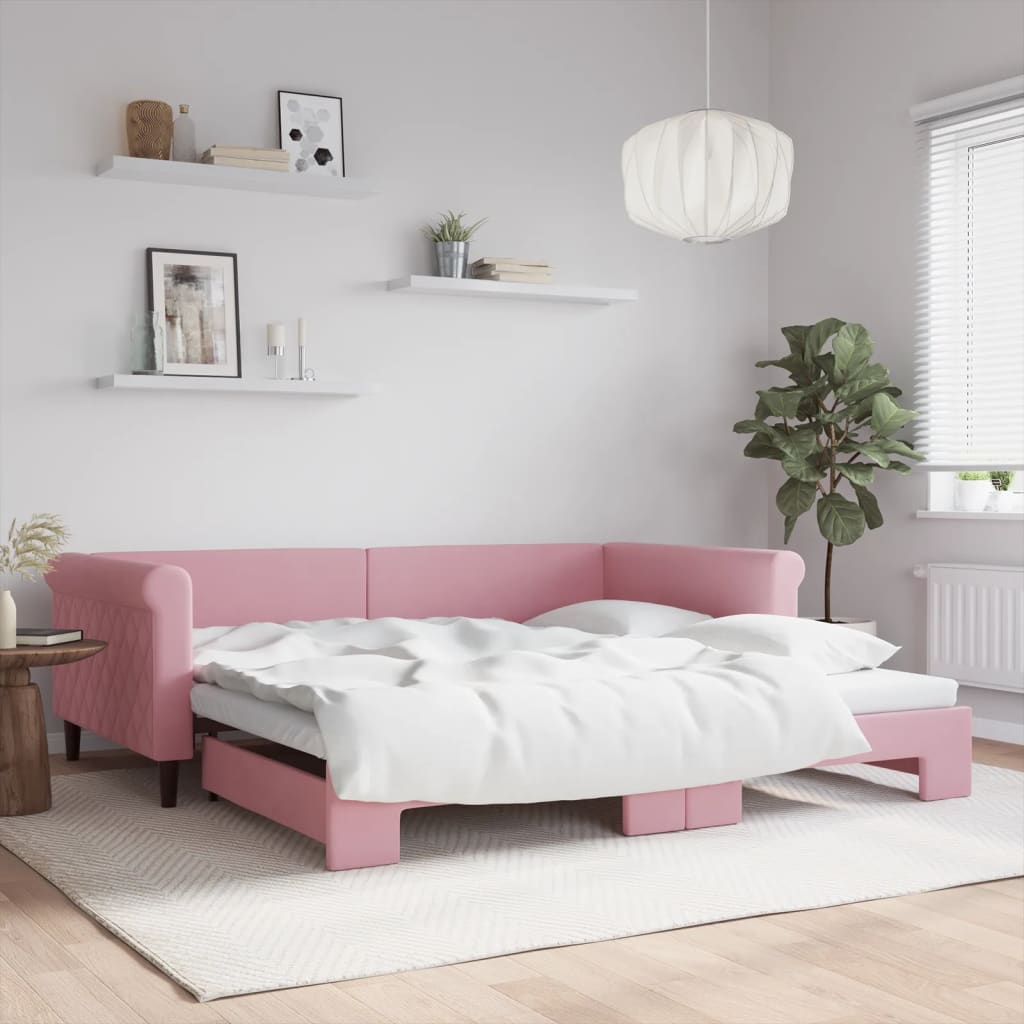 vidaXL Denná posteľ s rozkladacou posteľou ružová 100x200 cm zamat