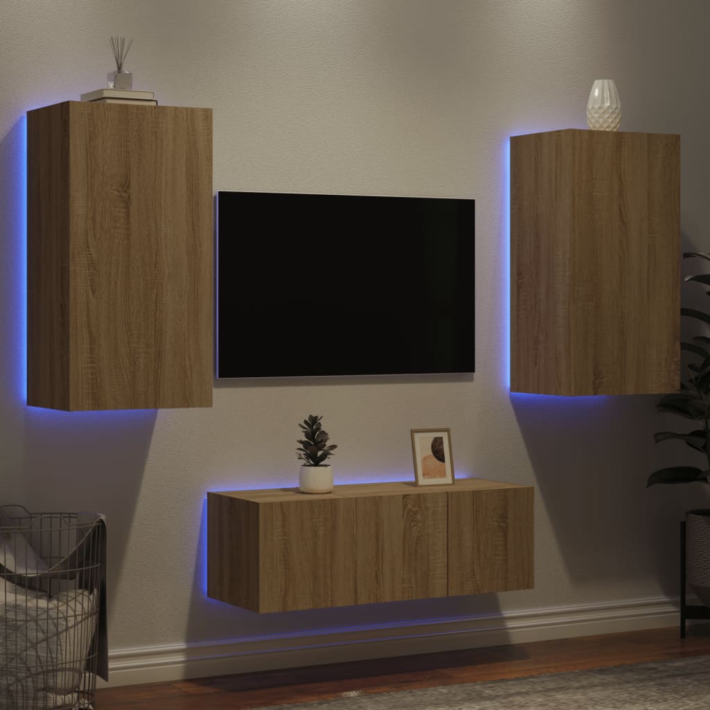 vidaXL 4-dielne TV nástenné skrinky s LED dub sonoma kompozitné drevo