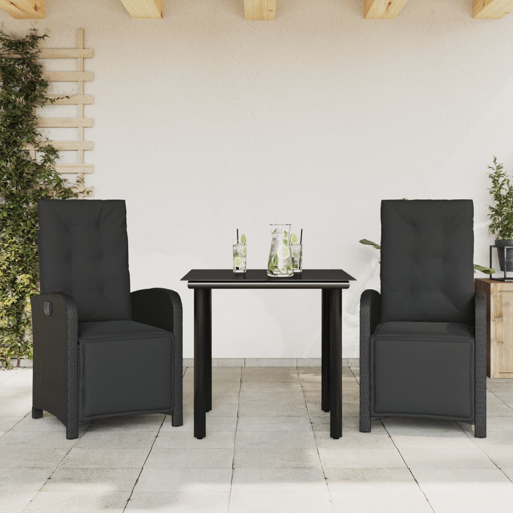 vidaXL 3-dielna bistro súprava s vankúšmi čierna polyratanová