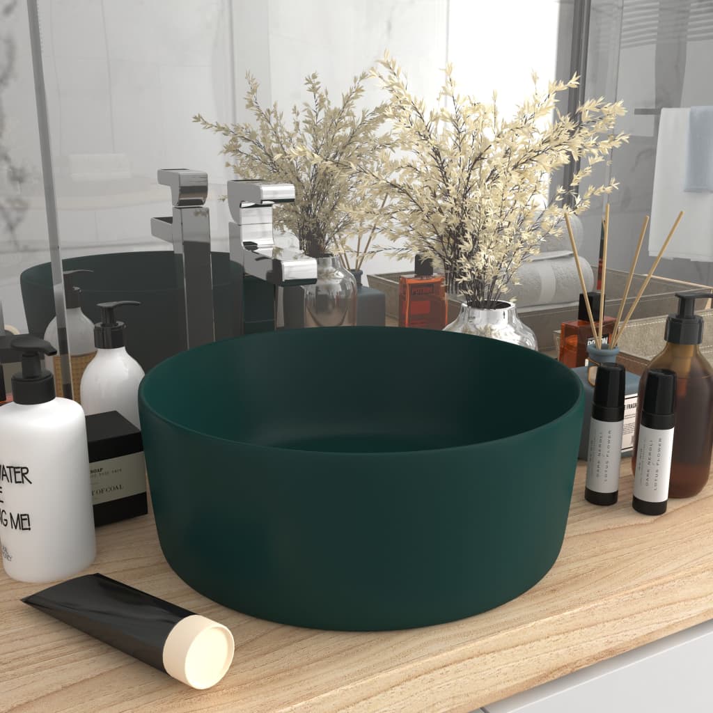 vidaXL Luxusné umývadlo, okrúhle, matné tmavozelené 40x15 cm, keramika