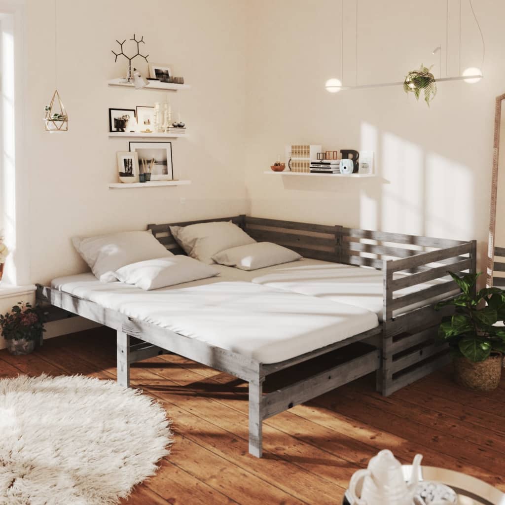 vidaXL Rozkladacia denná posteľ 2x(90x200) cm, sivá, borovicový masív
