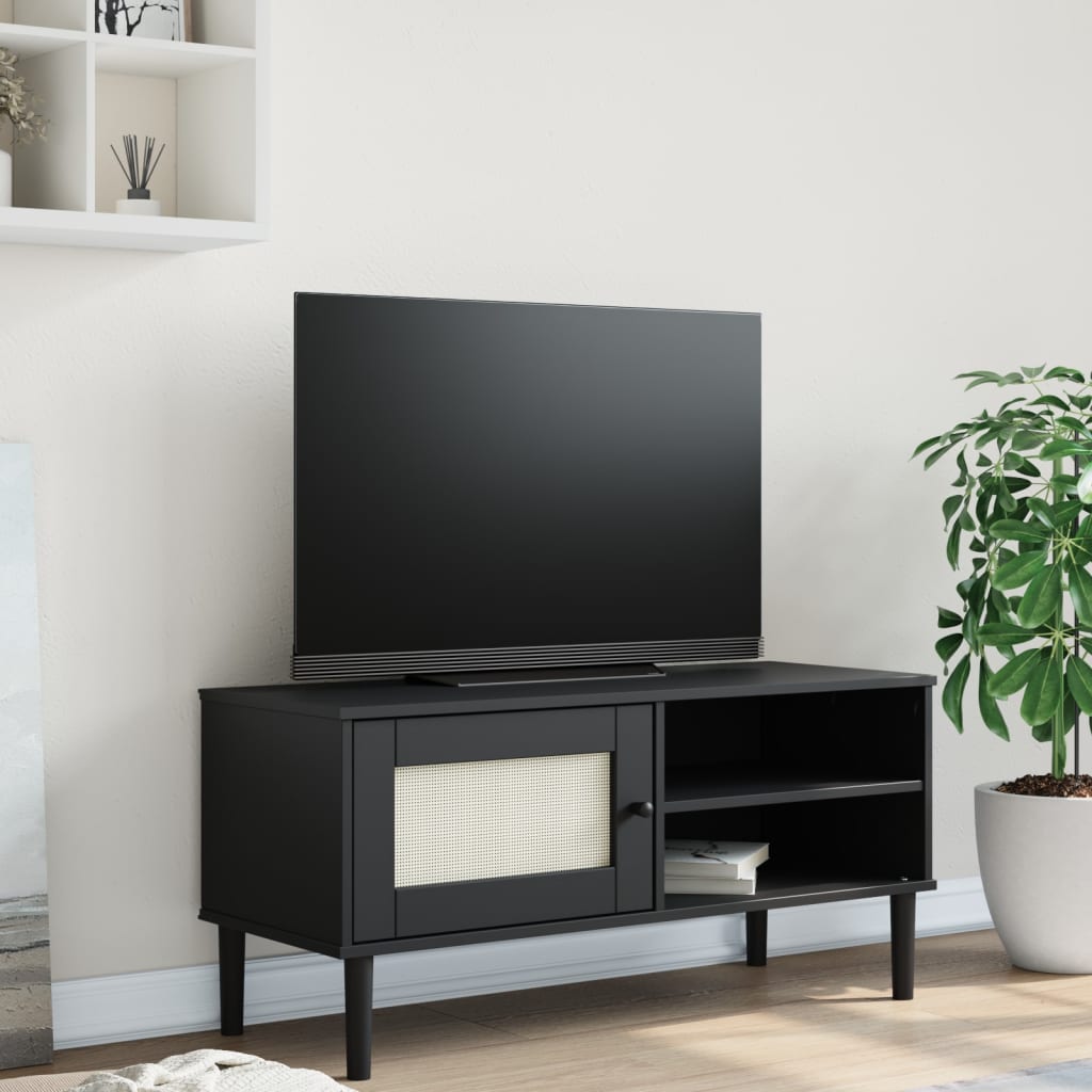vidaXL TV skrinka SENJA ratanový vzhľad čierna 106x40x49 cm borovica