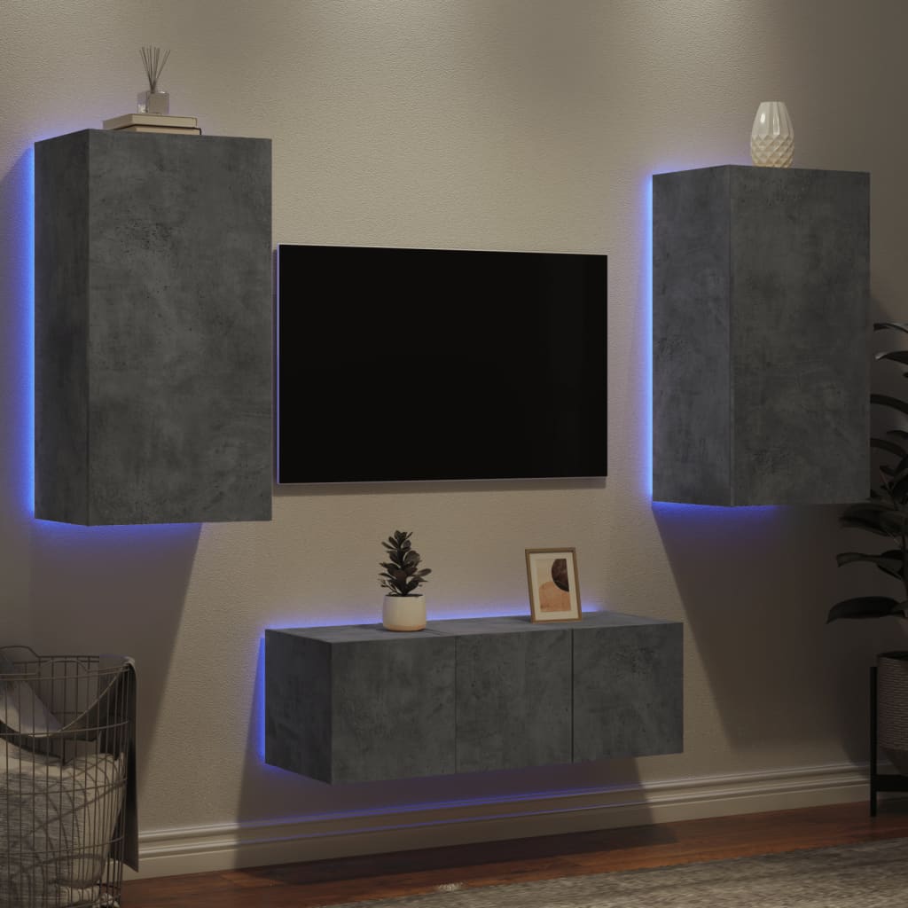 vidaXL 4-dielne TV nástenné skrinky s LED betónovo sivé kompozit.drevo