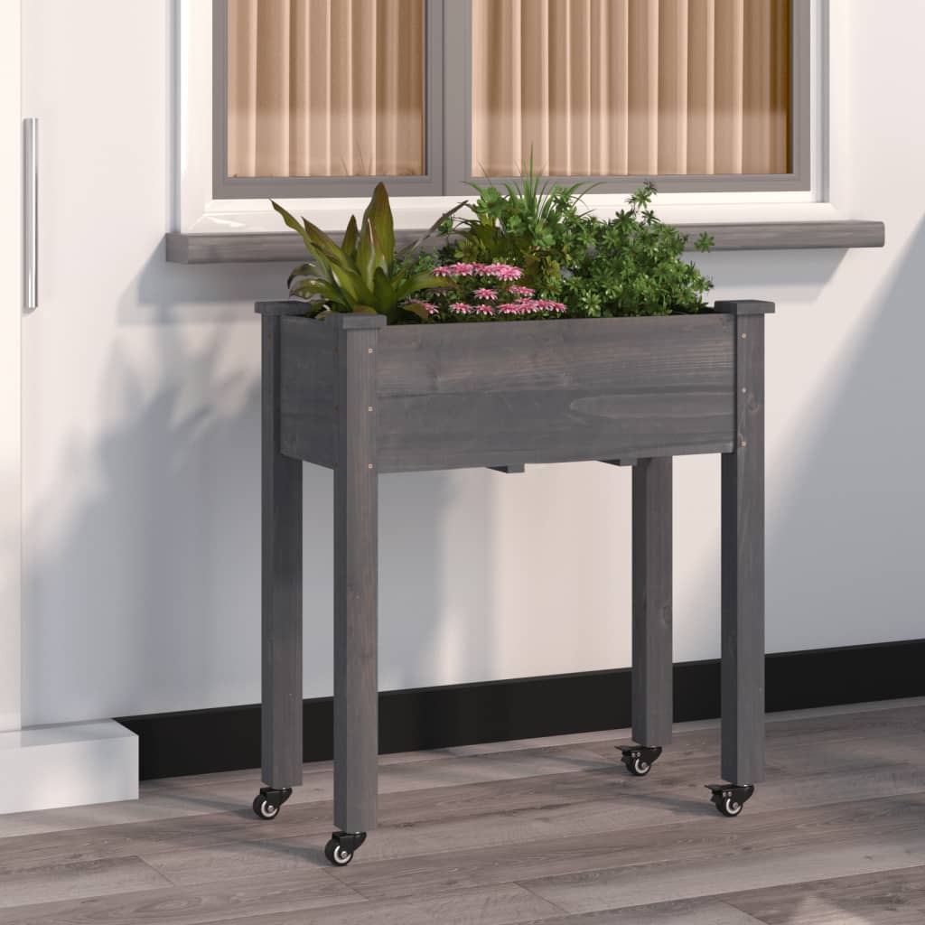 vidaXL Kvetináč s kolieskami a vložkou, sivý 71x37x80cm, jedľový masív