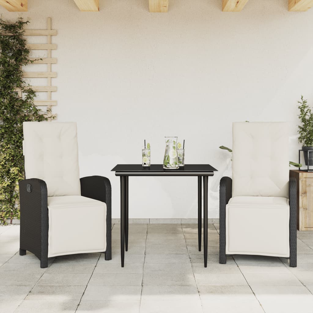 vidaXL 3-dielna bistro súprava s vankúšmi čierna polyratanová