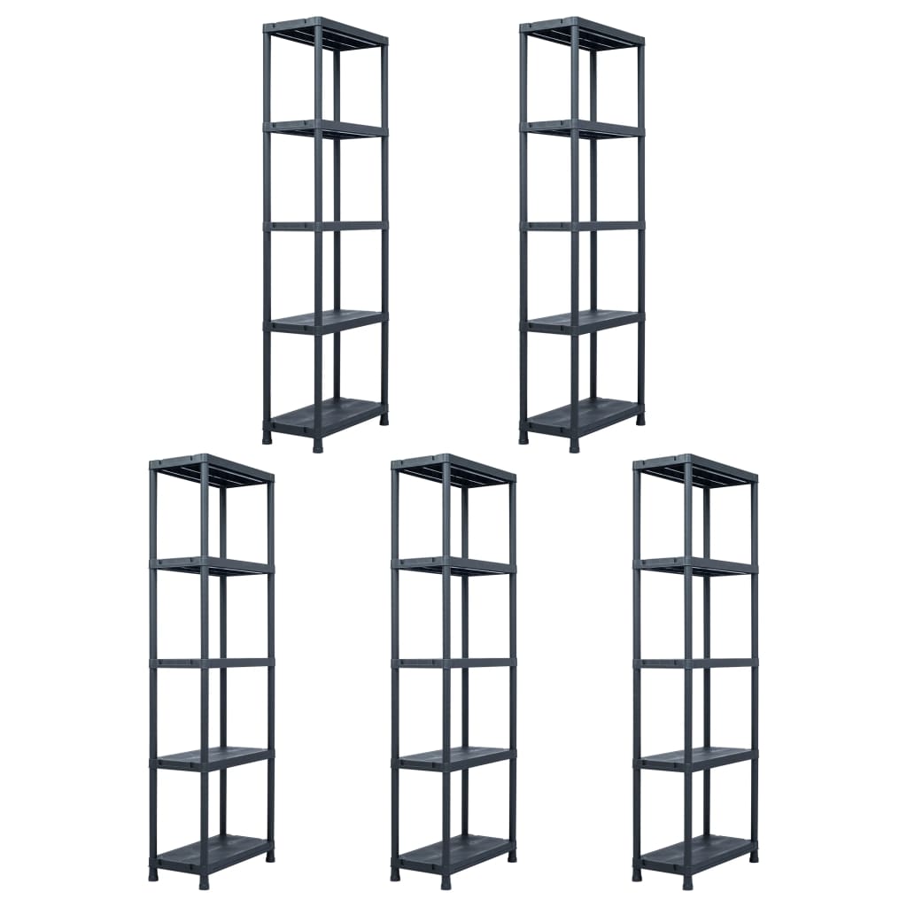vidaXL Regále s úložnými poličkami 5ks čierne 125 kg 60x30x180 cm plast