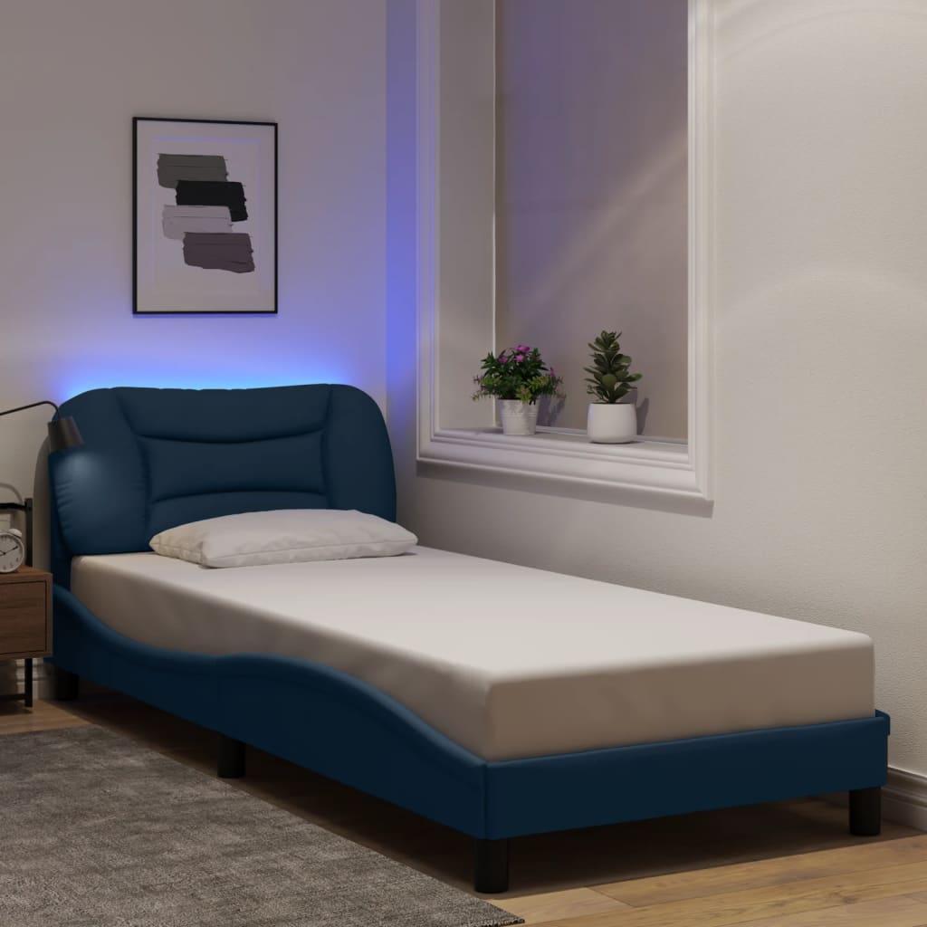 vidaXL Posteľný rám s LED svetlami modrý 90x190 cm látka