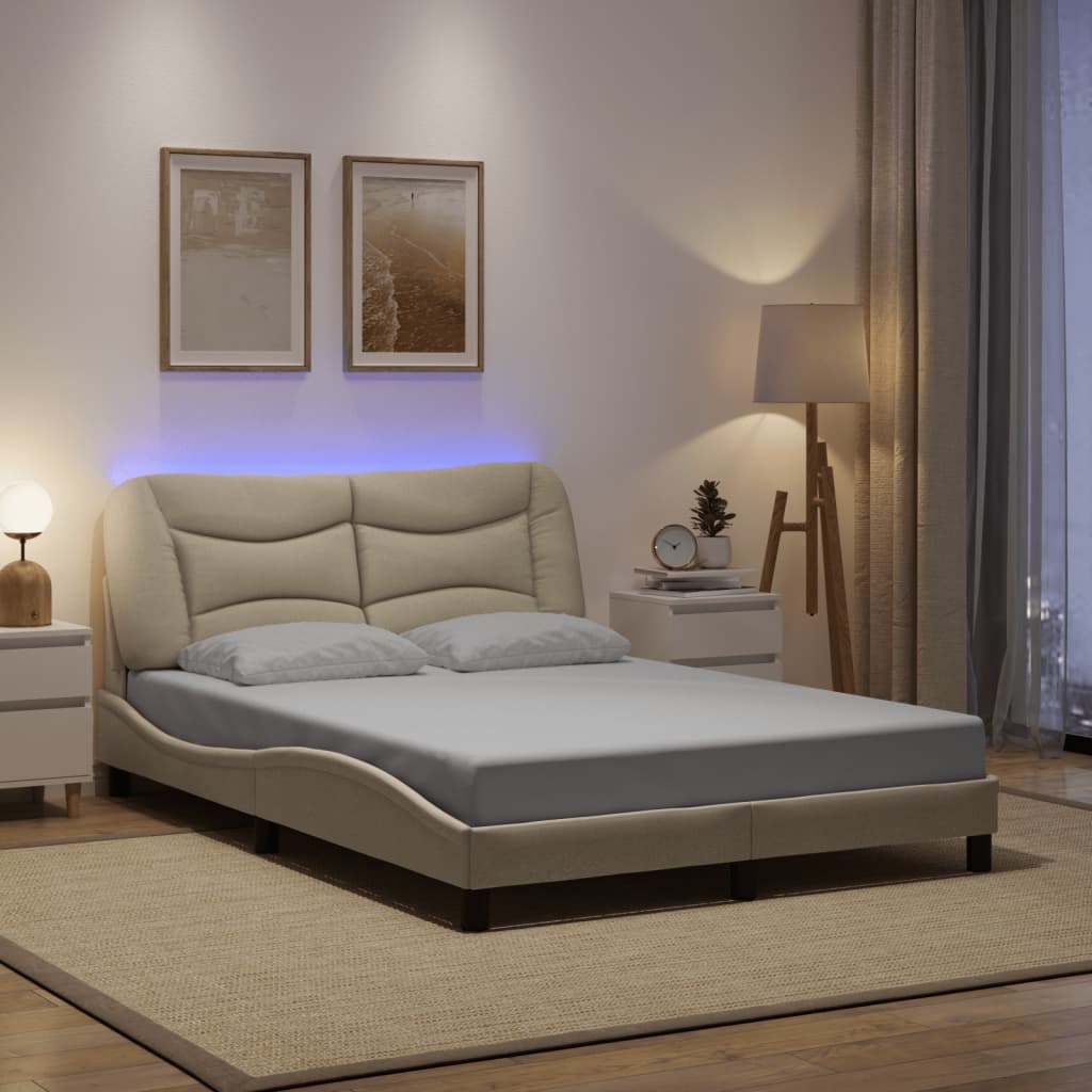 vidaXL Posteľ s LED bez matraca krémová 140x200 cm látka