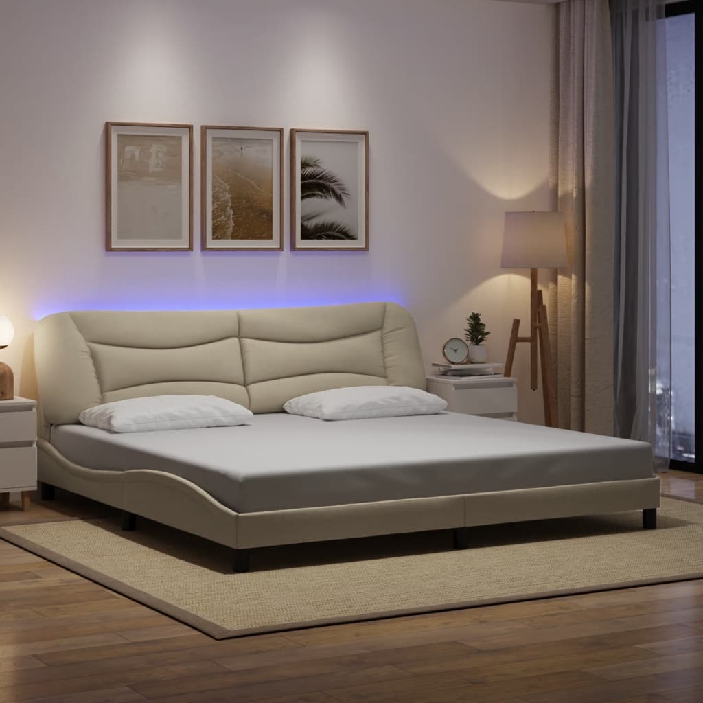 vidaXL Posteľný rám s LED svetlami krémový 200x200 cm látka