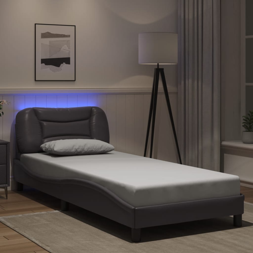 vidaXL Posteľný rám s LED svetlami, sivý 90x200 cm, umelá koža