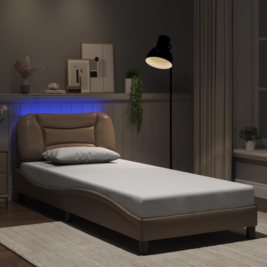 vidaXL Posteľný rám s LED svetlami, kapučínový 80x200 cm, umelá koža