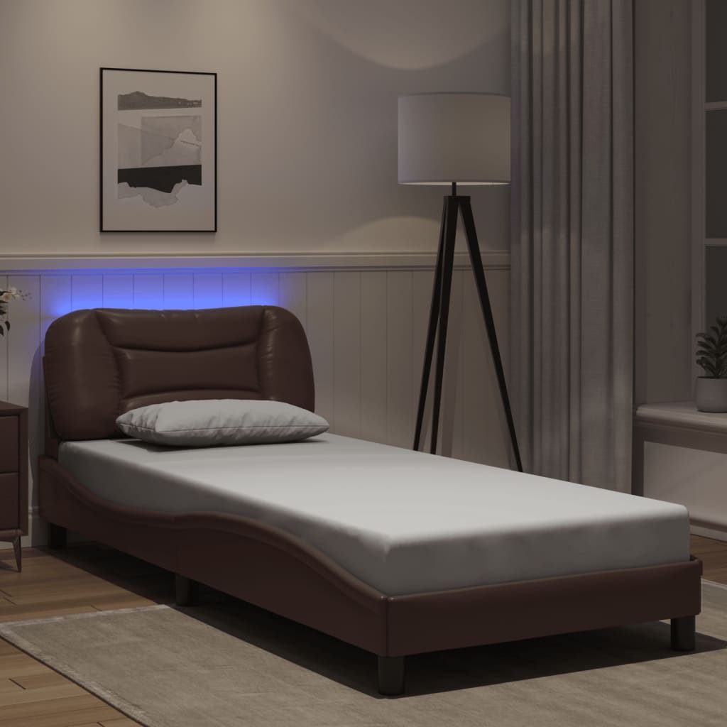 vidaXL Posteľný rám s LED svetlami, hnedý 80x200 cm, umelá koža