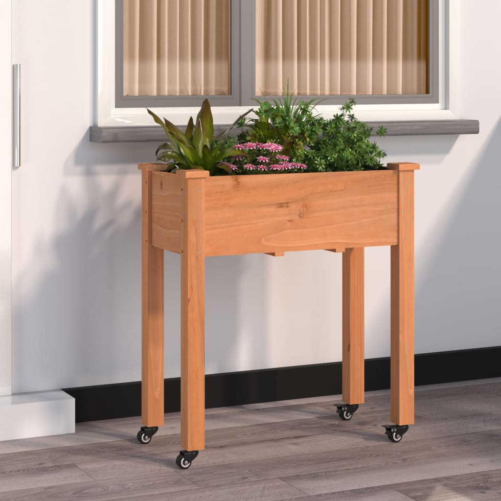 vidaXL Kvetináč s kolieskami a vložkou hnedý 71x37x80 cm jedľový masív