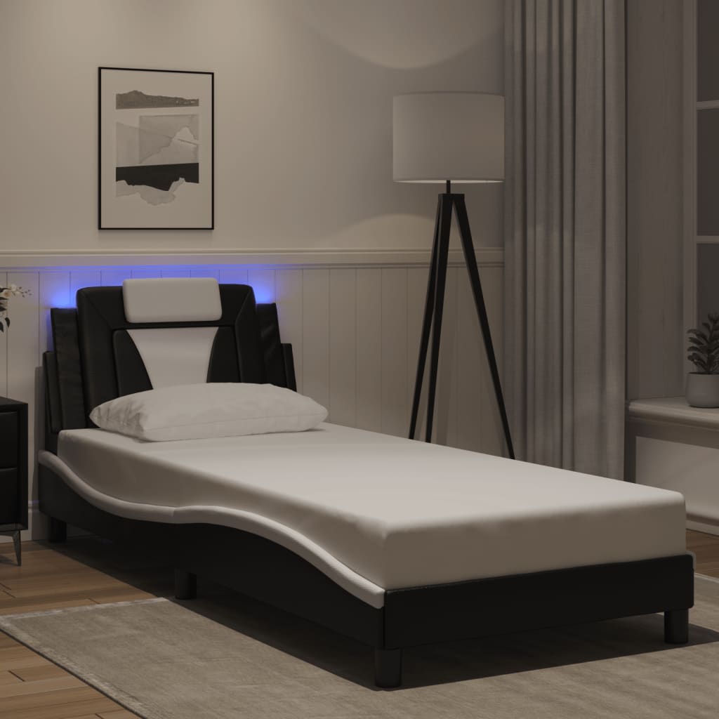 vidaXL Posteľný rám s LED svetlami, čierno biely 90x200 cm, umelá koža