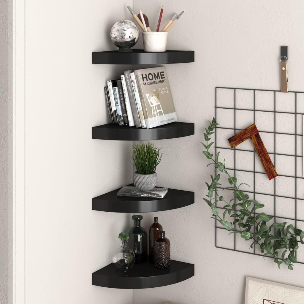 vidaXL Plávajúce rohové police 4 ks, čierne 25x25x3,8 cm, MDF