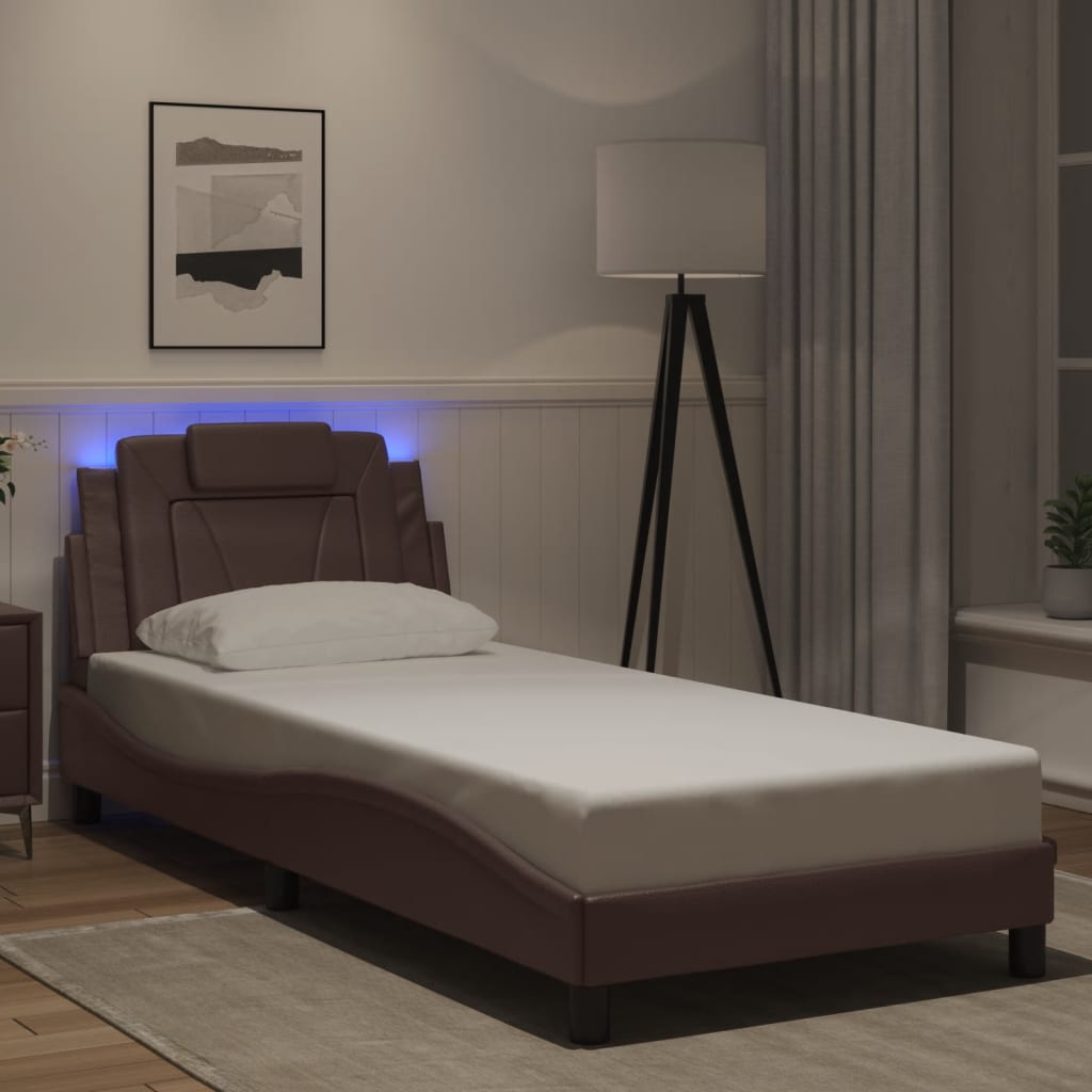 vidaXL Posteľný rám s LED svetlami, hnedý 80x200 cm, umelá koža