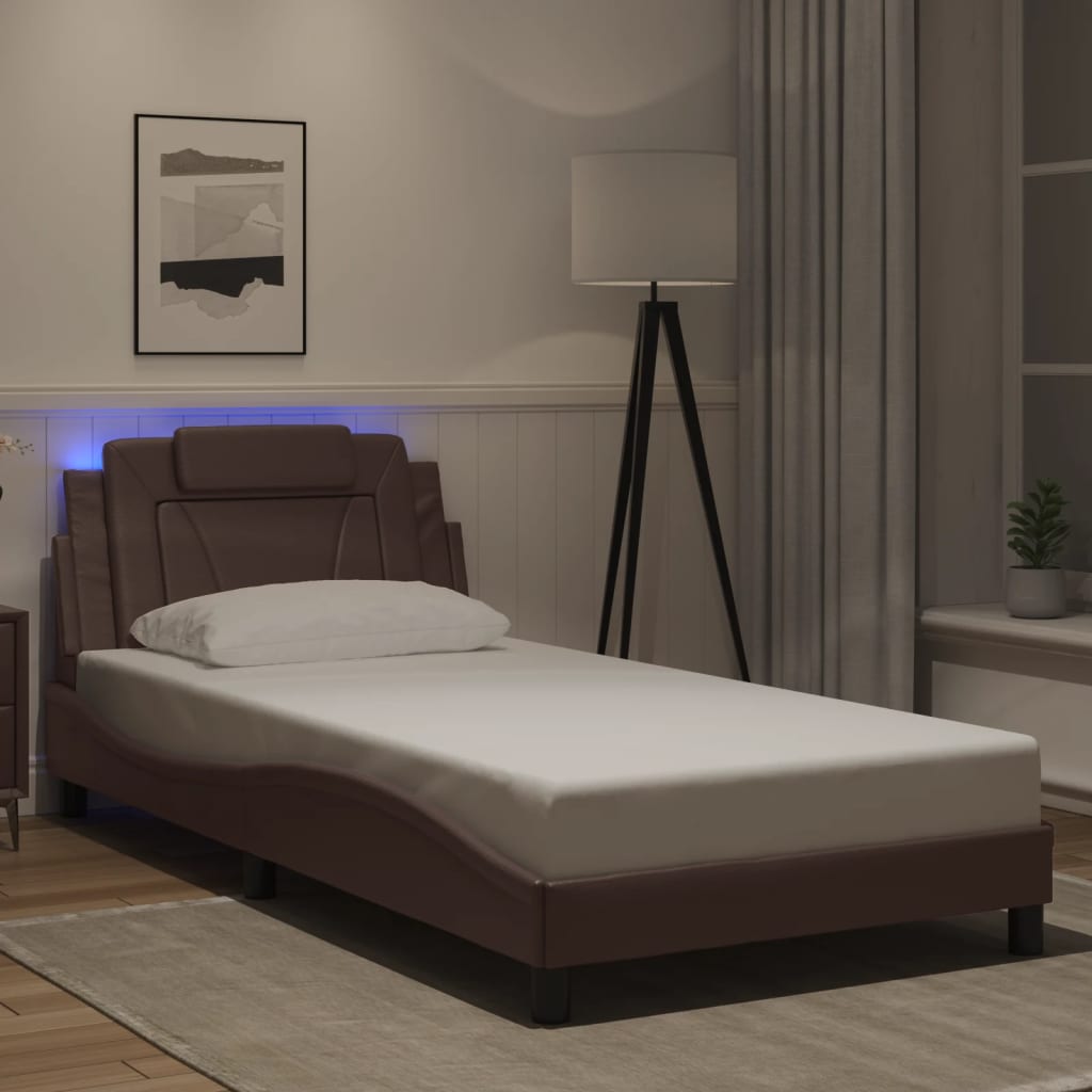 vidaXL Posteľný rám s LED svetlami, hnedý 100x200 cm, umelá koža