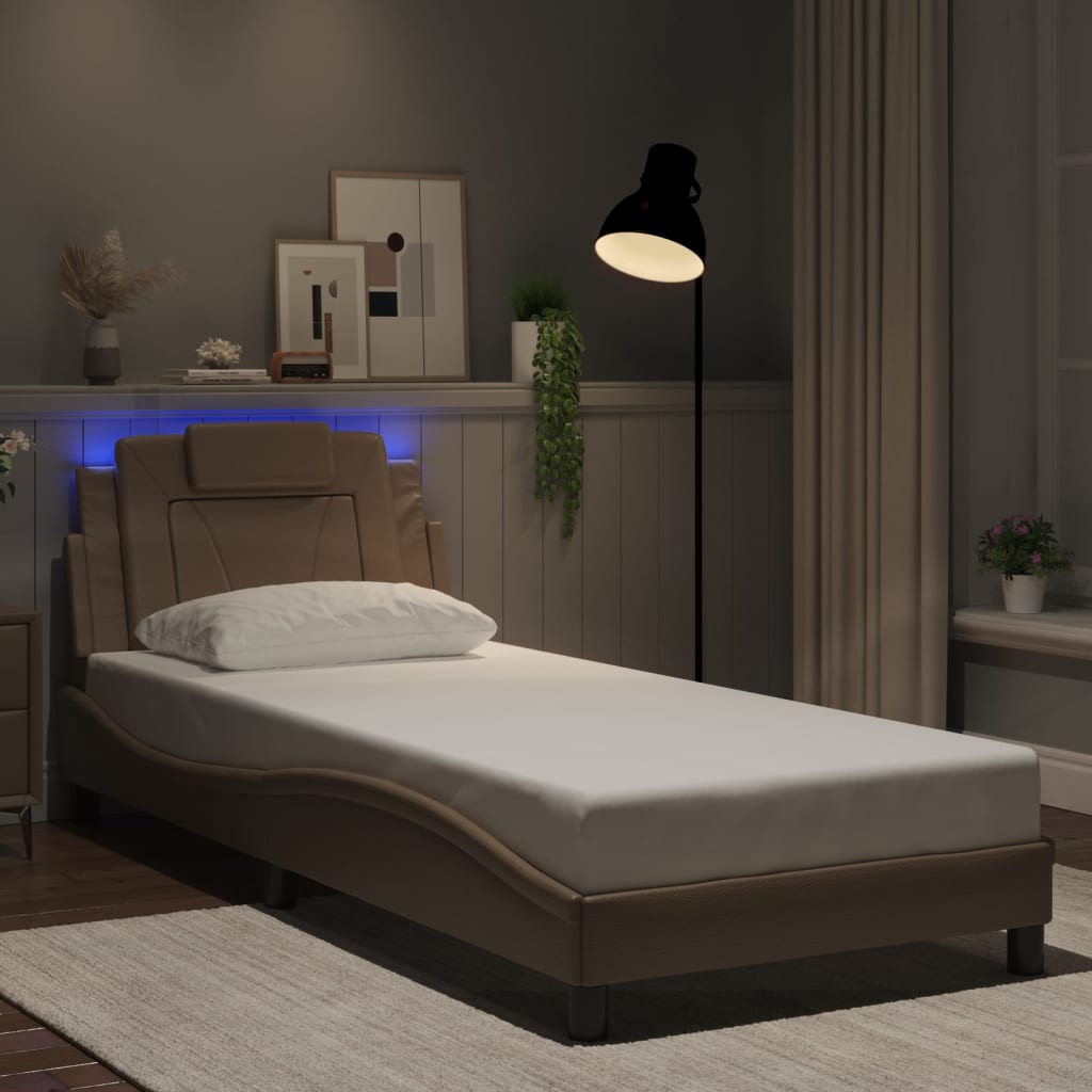 vidaXL Posteľný rám s LED svetlami, kapučínový 90x200 cm, umelá koža