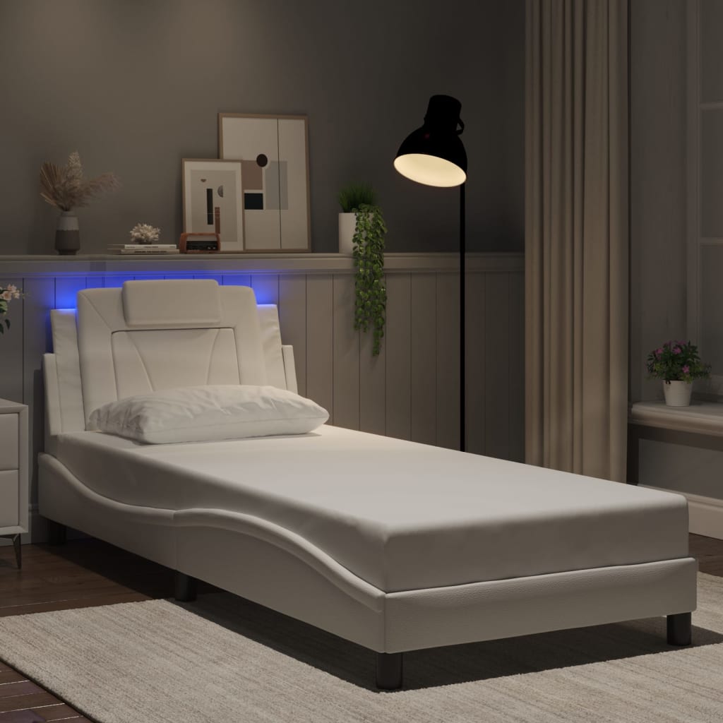 vidaXL Posteľný rám s LED svetlami, biely 90x190 cm, umelá koža