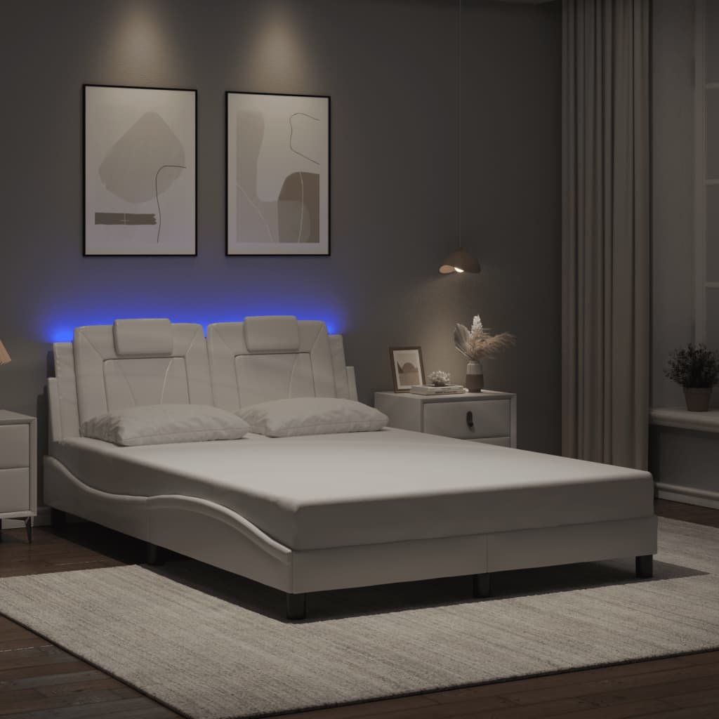 vidaXL Posteľný rám s LED svetlami, biely 120x200 cm, umelá koža