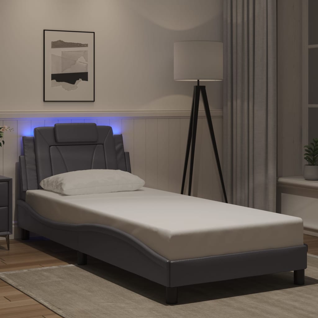vidaXL Posteľný rám s LED svetlami, sivý 90x200 cm, umelá koža