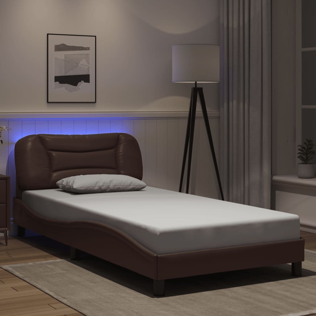vidaXL Posteľný rám s LED svetlami, hnedý 100x200 cm, umelá koža