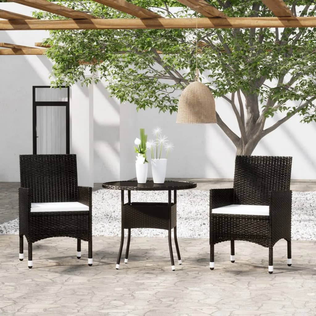 vidaXL 3-dielna záhradná bistro súprava, polyratan+tvrdené sklo čierna