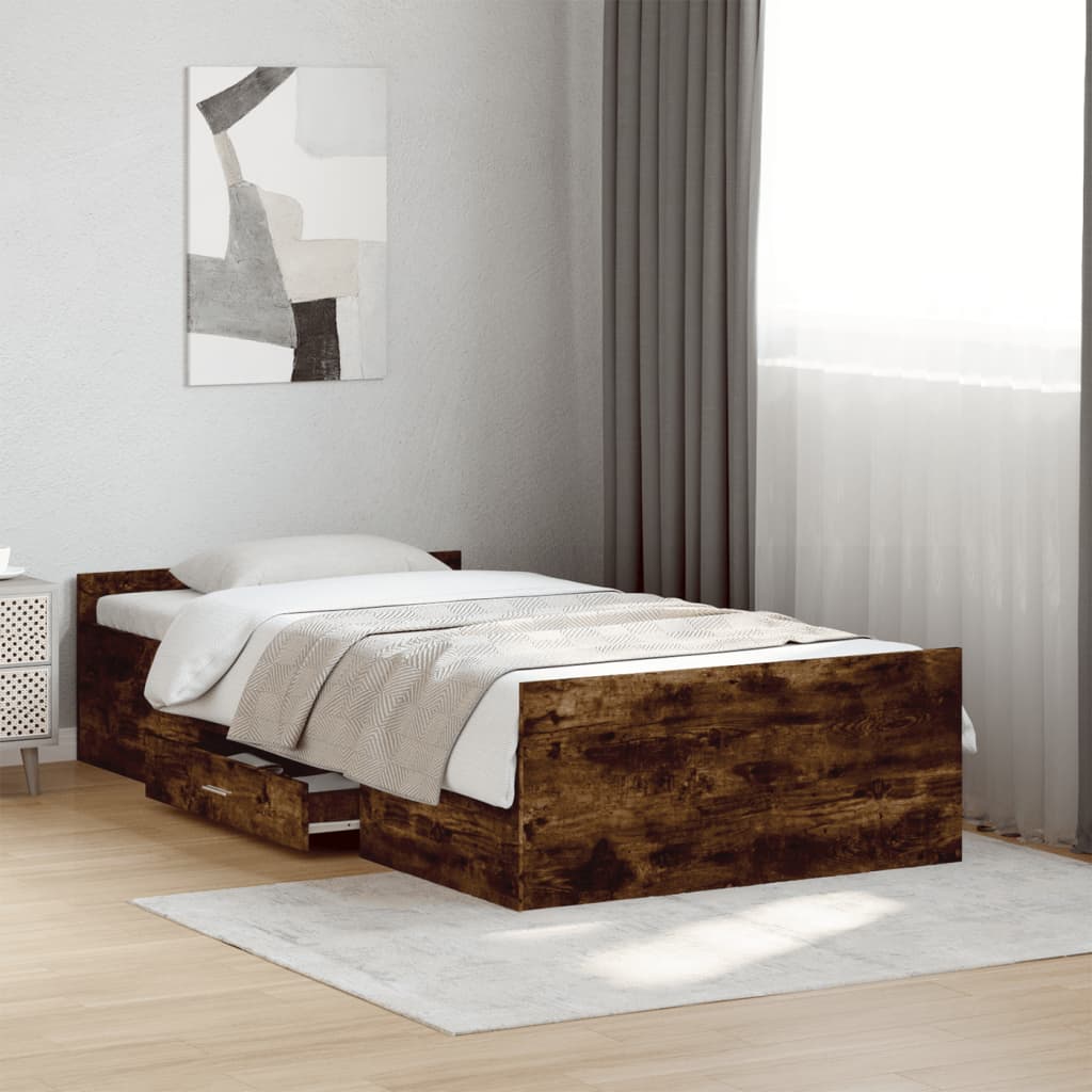 vidaXL Posteľný rám so zásuvkami dymový dub 90x190 cm kompozitné drevo