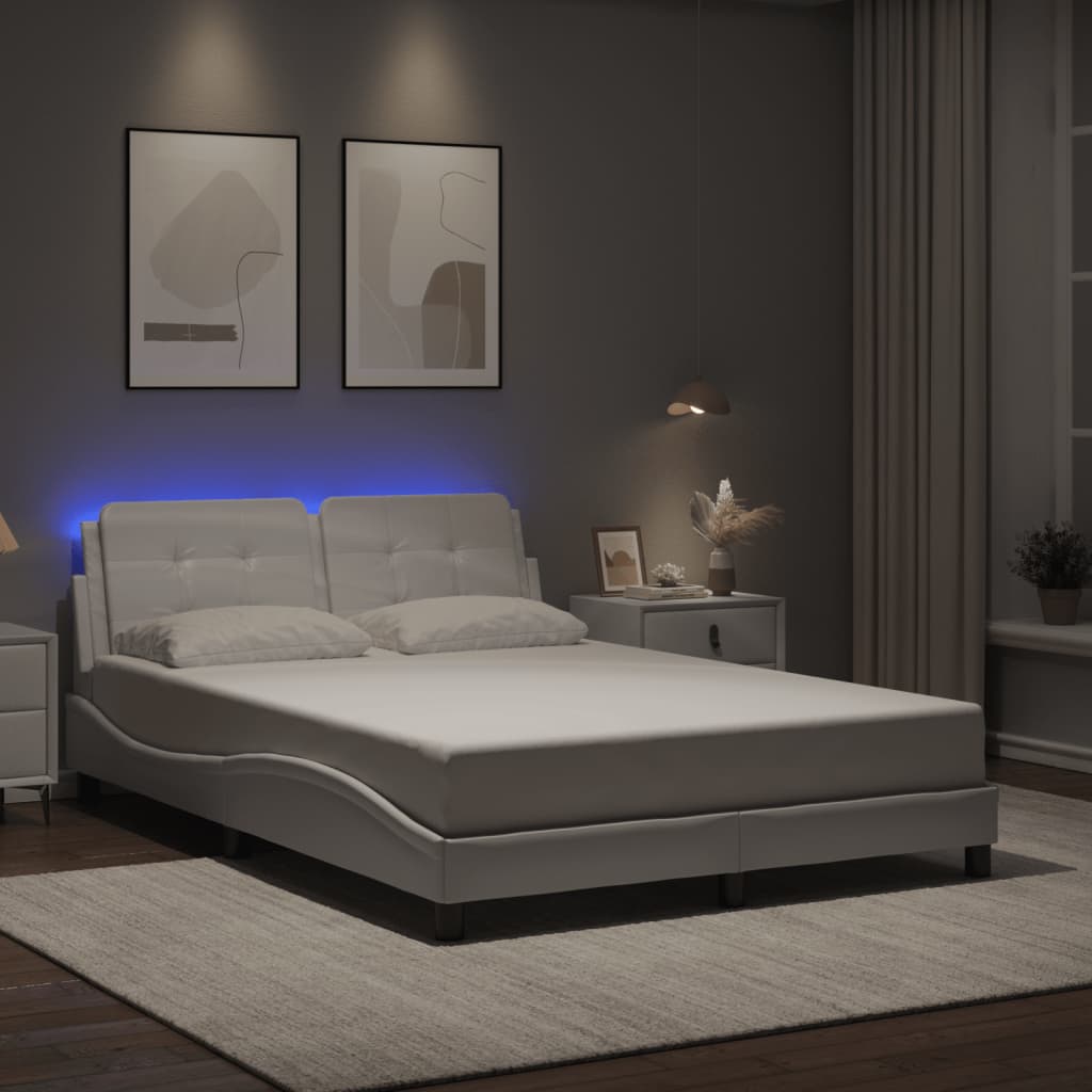 vidaXL Posteľný rám s LED svetlami, biely 120x200 cm, umelá koža