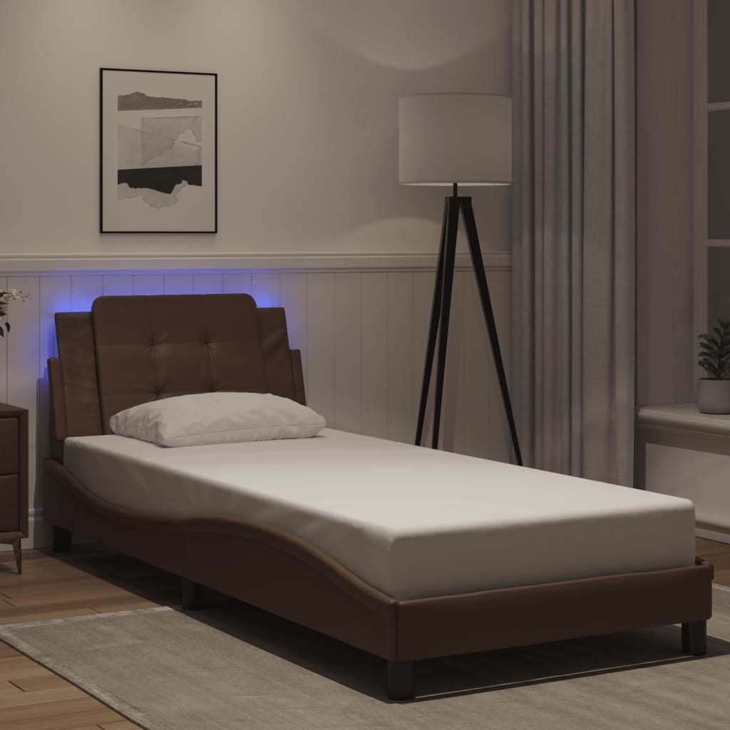vidaXL Posteľný rám s LED svetlami, hnedý 100x200 cm, umelá koža