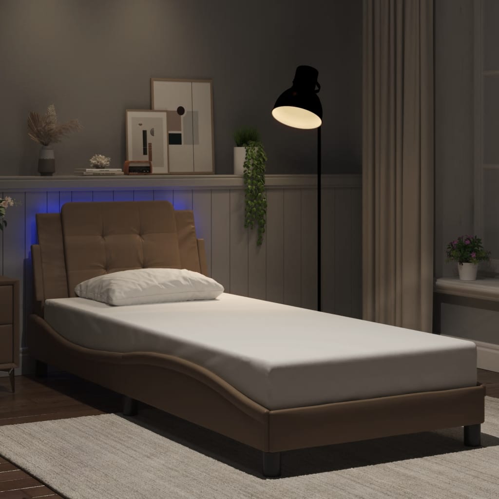 vidaXL Posteľný rám s LED svetlami, kapučínový 90x200 cm, umelá koža