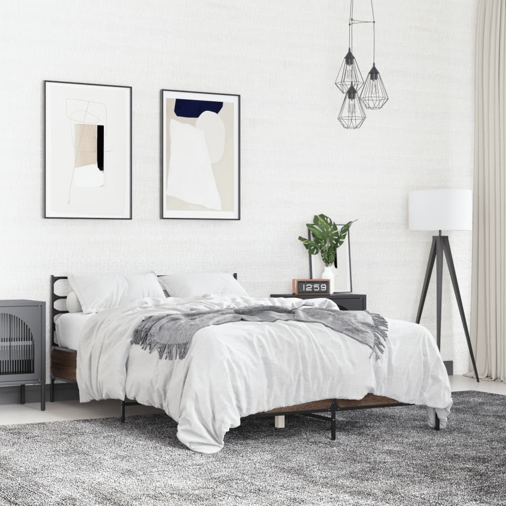 vidaXL Posteľný rám hnedý dub 135x190 cm kompozitné drevo a kov