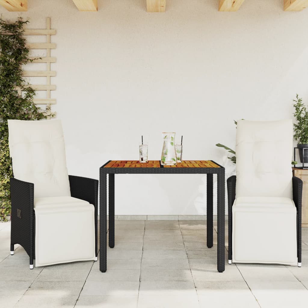 vidaXL 3-dielna bistro súprava s vankúšmi čierna polyratanová