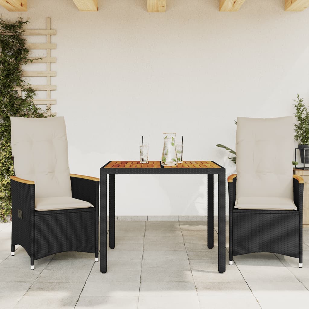vidaXL 3-dielna bistro súprava s vankúšmi čierna polyratanová