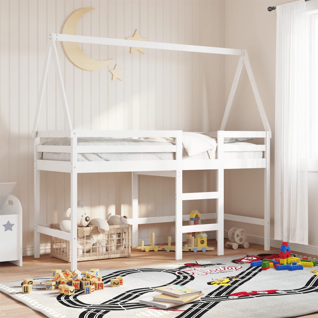 vidaXL Vyvýšená posteľ rebrík strecha biela 90x190 cm masívna borovica