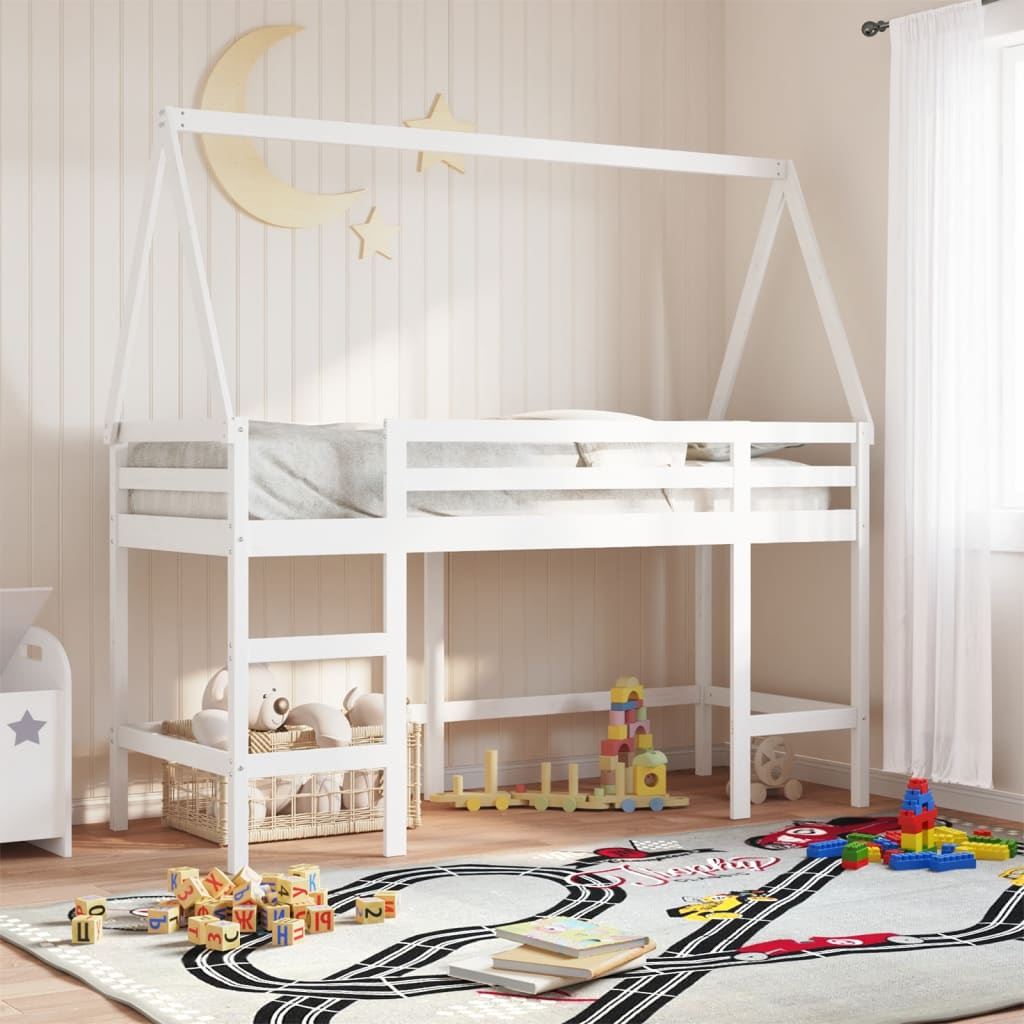 vidaXL Vyvýšená posteľ rebrík strecha biela 80x200 cm masívna borovica