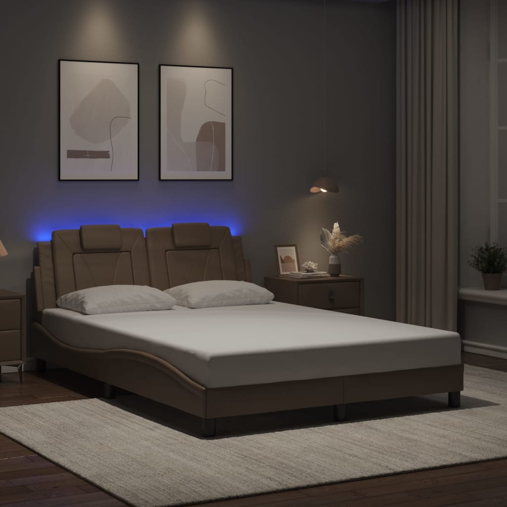 vidaXL Posteľný rám s LED svetlami, kapučínový 140x200 cm, umelá koža