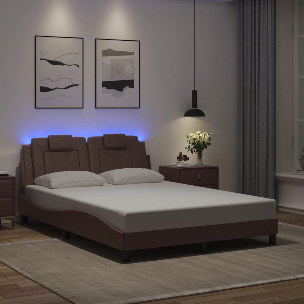 vidaXL Posteľný rám s LED svetlami, hnedý 140x200 cm, umelá koža