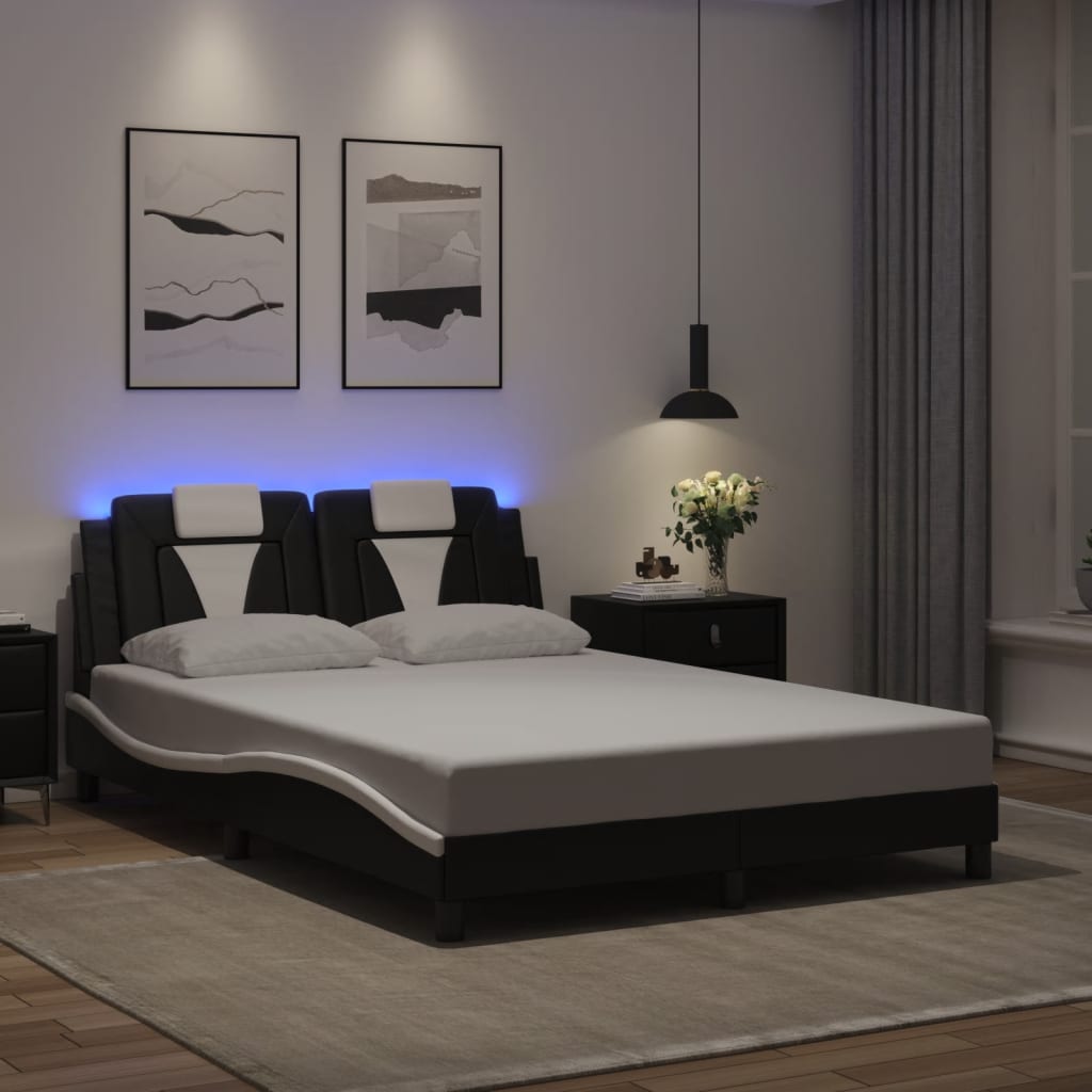 vidaXL Posteľný rám s LED svetlami, čierno biely 140x200cm, umelá koža