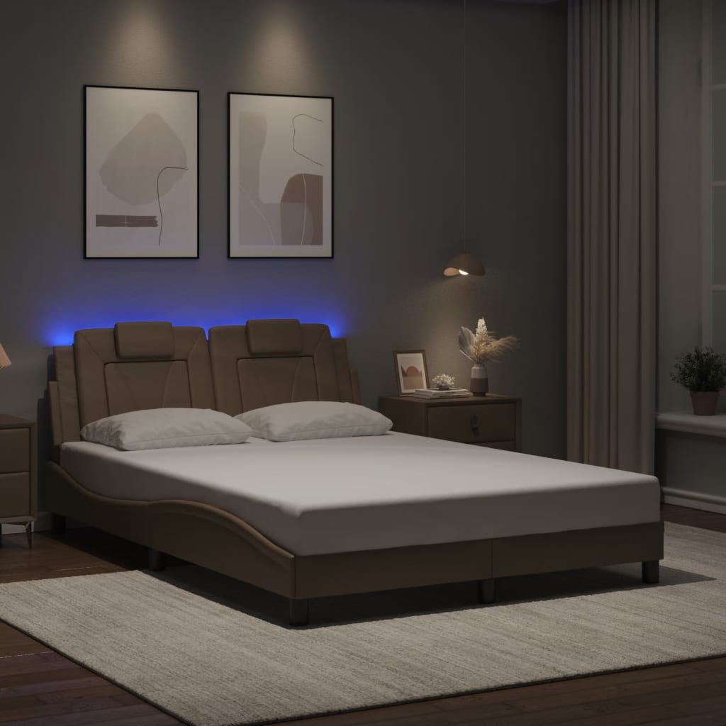 vidaXL Posteľný rám s LED svetlami, kapučínový 140x190 cm, umelá koža