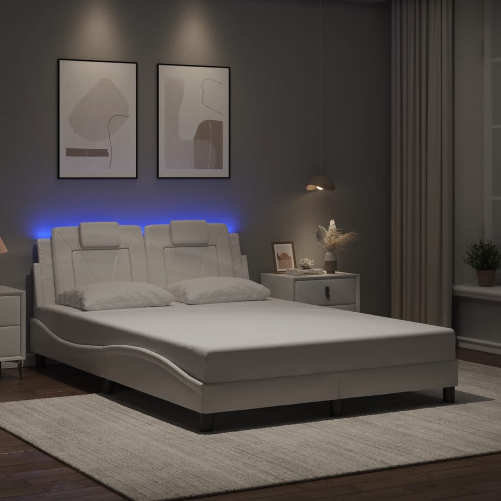 vidaXL Posteľný rám s LED svetlami, biely 140x200 cm, umelá koža