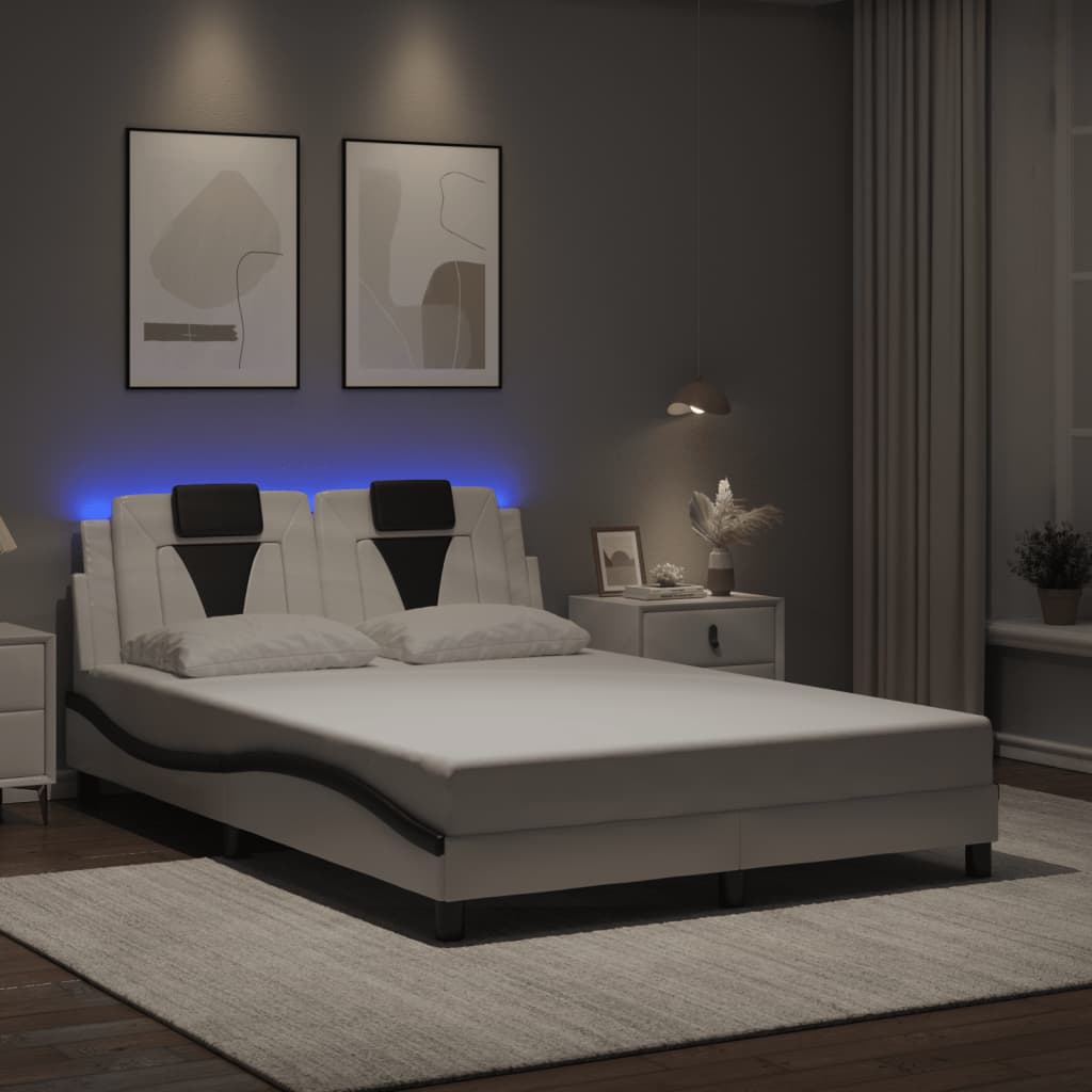 vidaXL Posteľný rám s LED svetlami, bielo čierny 140x200cm, umelá koža
